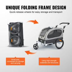 Dog Bike Trailer, Supports up to 40 kg, 2-in-1 Pet Stroller Cart Bicycle Carrier, Easy Folding Cart Frame with Quick Release Wheels, Universal Bicycle Coupler, Reflectors, Flag, Black/Gray