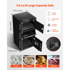 3.6 Cubic Feet Drop Safe, Large Capacity Front Drop Slot Safe Box with Digital Keypad, Heavy Duty 3 Tiers Cash Depository Box with Spare Keys for Cash, Bank Slip, Jewelry, Document, Bill, Black