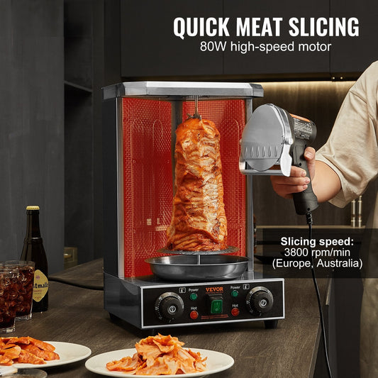 Electric Shawarma Knife, 80W Professional Turkish Kebab Knife, Commercial Stainless Steel Gyro Cutter, Doner Kebab Meat Slicer with 2 Blades, 100mm Blade Diameter, 0-8mm Adjustable Thickness