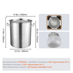 Stainless Steel Stockpot, 42 Quart Large Cooking Pots, Multipurpose Cookware Sauce Pot with Lid & Handle, Heavy Duty Commercial Grade Stock Pot, Sanding Treatment, for Large Groups Events Silver