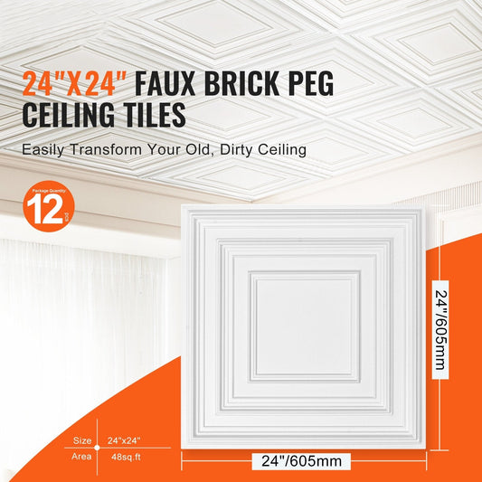 Ceiling Tiles 12-Pack 24 x 24 in PVC Easy Installation White Peg Pattern