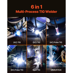 TIG Welder, 200A 6-In-1 Aluminum Welding Machine (LED Display) - AC TIG/DC TIG/AC Pulse TIG/DC Pulse TIG/Spot TIG/MMA(Stick), Electric Welder with Synergic Control IGBT
