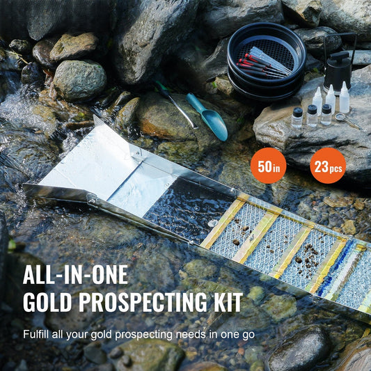 Gold Panning Kit With Sluice Box, 50" Aluminum Gold Mining Equipment, 23 PCS Gold Prospecting Kit with Gold Pan, Classifier Screen, Separating Magnet, Drawstring Backpack and Accessories