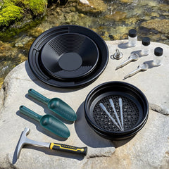 Gold Panning Kit, 254 mm and 355 mm Pans, 19 PCS Portable Prospecting Equipment Kit with Classifier Sieves, Sand Magnet, Rock Pick, Scoops, Backpack, and Accessories, for Outdoor Gold Recovery