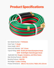 Oxygen Acetylene Hose, 1/4-Inch x 25FT Oxy Acetylene Hose with 9/16"-18 B Fitting, 300PSI T Grade Welding Cutting Torch Twin Hose, Compatible with Oxygen, Acetylene, Propane and Other Fuel Gases