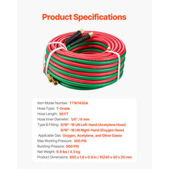 Oxygen Acetylene Hose 1/4-Inch x 50FT T Grade Hose 300PSI Max Working Pressure