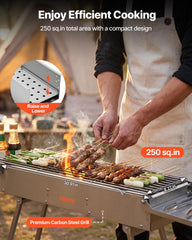 Foldable Charcoal Grill, 0.16 m² Portable Charcoal Barbecue Grill with Liftable Charcoal Tray & Side Tables, Brushed Stainless Steel BBQ Cooking Grills for Outdoor Camping Backyard Parties