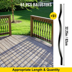Deck Balusters, 51 Pack Metal Deck Spindles, 32.25\"x1\" Staircase Baluster with Screws, Iron Deck Railing for Wood and Composite Deck, Stylish Baluster for Outdoor Stair Deck Porch