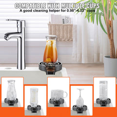 Glass Rinser, 10 Powerful Spraying Jets Rotating Cup Rinser for Sink, Wearproof ABS Kitchen Sink Faucet Cup Washer & ABS Cup Holder for Baby Bottle, Glass Cup, Wine Glass (Black Base)