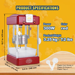 Popcorn Popper Machine Tabletop Popcorn Maker 300W 2.5 Oz Red