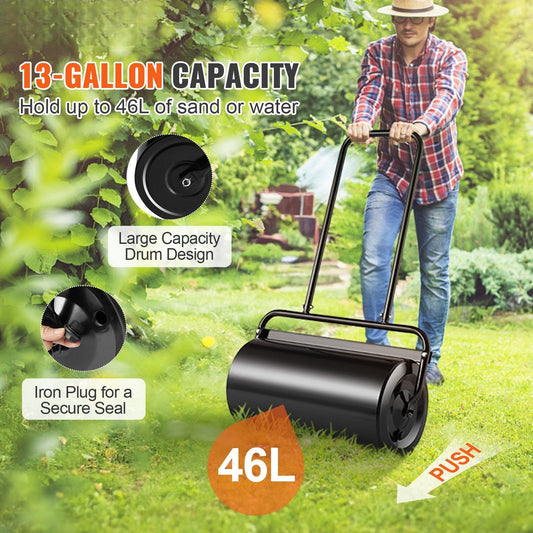 Lawn Roller, 13 Gallon 24Inch Sand/Water Filled Yard Roller, Steel Sod Roller with Easy-turn Plug and U-Shaped Ergonomic Handle for Convenient Push and Pull, for Lawn, Garden, Farm, Park, Black