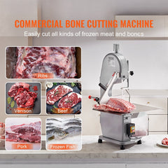 Commercial Electric Meat Bandsaw, 1100W Stainless Steel Countertop Bone Sawing Machine, Workbeach 19.3" x 15", 0.16-7.9 Inch Cutting Thickness, Frozen Meat Cutter with 6 Blades for Rib Pork Beef
