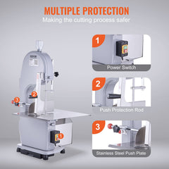 Commercial Electric Meat Bandsaw, 1100W Stainless Steel Countertop Bone Sawing Machine, Workbeach 19.3" x 15", 0.16-7.9 Inch Cutting Thickness, Frozen Meat Cutter with 6 Blades for Rib Pork Beef