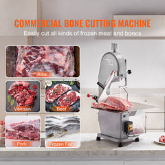 Commercial Electric Meat Bandsaw, 1500W Stainless Steel Countertop Bone Sawing Machine, Workbeach 19.3" x 15", 0.16-7.9 Inch Cutting Thickness, Frozen Meat Cutter with 6 Blades for Rib Pork Beef