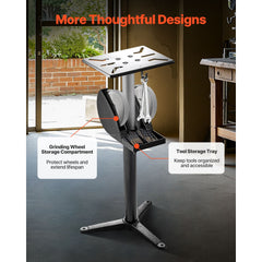 Bench Grinder Stand, Bench Grinder Vise Floor Pedestal with 31.5 x 25.4 cm Mounting Plate, Height-Adjustable Pedestal Stand with Grinding Wheel Storage Compartment & Heavy-Duty Cast Iron Base