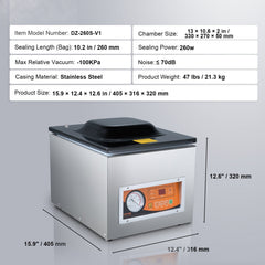 Chamber Vacuum Sealer, 260W Sealing Power, Vacuum Packing Machine for Wet Foods, Meats, Marinades and More, Compact Size with 260 mm Sealing Length, Applied in Home Kitchen and Commercial Use
