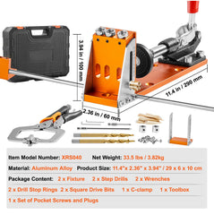 Pocket Hole Jig Kit, 34 Pcs Pocket Hole Jig System with C-clamp, Fixture, Step Drills, Wrenches, Drill Stop Rings, Square Drive Bits, Toolbox, for DIY Carpentry Projects, Adjustable