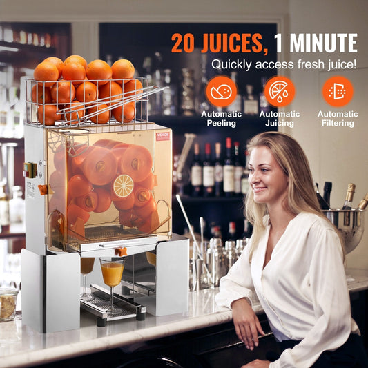 Commercial Orange Juicer Machine, 120W Automatic Juice Extractor, Stainless Steel Orange Squeezer for 20 Oranges Per Minute, with Pull-Out Filter Box, PC Cover, 2 Peel Collecting Buckets