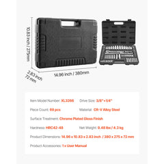 Socket Set, 69 Pieces, 9.5 & 6.4 mm Drive Socket and Ratchet Set, SAE and Metric, Deep and Standard, Mechanic Tool Kit with Accessories and Storage Case, CR-V Alloy Steel, for Auto Repair