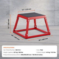 Plyometric Jump Box, 12 Inch Plyo Box, Steel Plyometric Platform and Jumping Agility Box, Anti-Slip Fitness Exercise Step Up Box for Home Gym Training, Conditioning Strength Training, Red