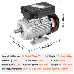 0.75KW Electric Motor 1400 rpm, AC 220~240V 5.45A, 80, B3 Frame, Air Compressor Motor Single Phase, 19mm Keyed Shaft, CW/CCW Rotation for Agricultural Machinery and General Equipment