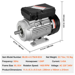 0.75KW Electric Motor 1400 rpm, AC 220~240V 5.45A, 80, B34 Frame, Air Compressor Motor Single Phase, 19mm Keyed Shaft, CW/CCW Rotation for Agricultural Machinery and General Equipment