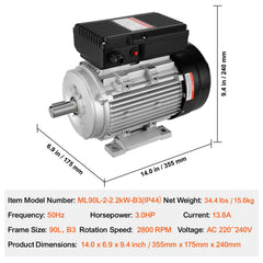 2.2KW Electric Motor 2800 rpm, AC 220~240V 13.8A, 90L, B3 Frame, Air Compressor Motor Single Phase, 24mm Keyed Shaft, CW/CCW Rotation for Agricultural Machinery and General Equipment