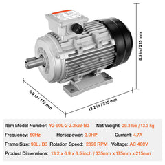 2.2KW Electric Motor 2890 rpm, AC 400V 4.7A, 90L, B3 Frame, Air Compressor Motor 3-Phase, 24mm Keyed Shaft, CW/CCW Rotation for Agricultural Machinery and General Equipment