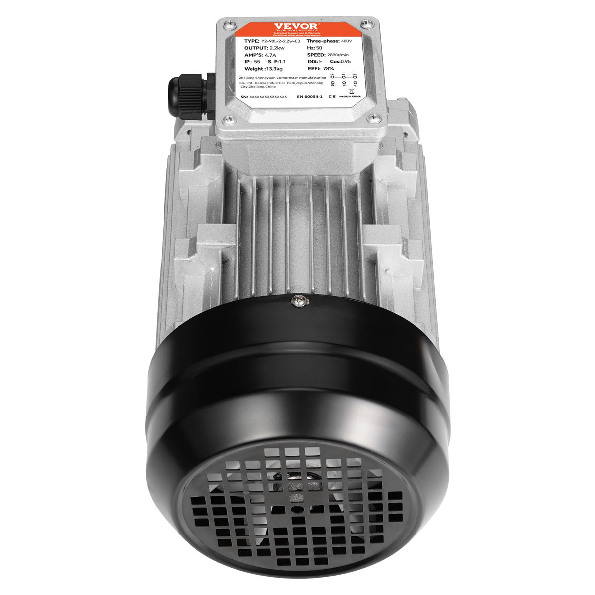 2.2KW Electric Motor 2890 rpm, AC 400V 4.7A, 90L, B3 Frame, Air Compressor Motor 3-Phase, 24mm Keyed Shaft, CW/CCW Rotation for Agricultural Machinery and General Equipment