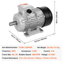 2.2KW Electric Motor 2890 rpm, AC 400V 4.7A, 90L, B3 Frame, Air Compressor Motor 3-Phase, 24mm Keyed Shaft, CW/CCW Rotation for Agricultural Machinery and General Equipment
