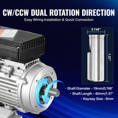 0.75KW Electric Motor 2850 rpm, AC 220~240V 5.15A, 80, B34 Frame, Air Compressor Motor Single Phase, 19mm Keyed Shaft, CW/CCW Rotation for Agricultural Machinery and General Equipment