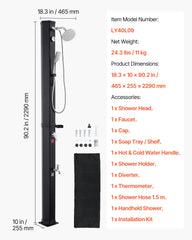 40L Solar Heated Shower, 205cm Showerhead Height Outdoor Shower, with Handheld & Foot Faucet, Hot & Cold Water Adjustment, Freestanding for Backyard Poolside Beach Pool, Black