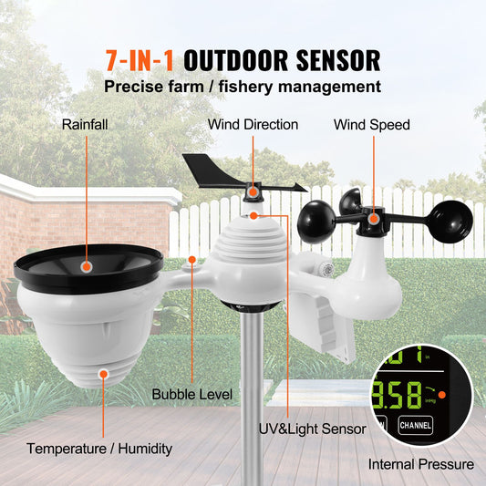 7-in-1 Wi-Fi Weather Station, 7.5 in Color Display, Home Weather Station Indoor Outdoor, with Solar Wireless Outdoor Sensor Alarm Alerts, for Temperature Humidity Wind Speed/Direction Rain