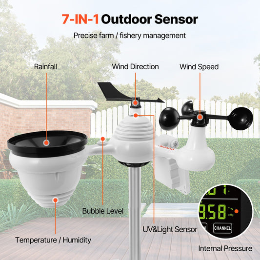 7-in-1 Wi-Fi Weather Station, 7.5 in Color Display, Home Weather Station Indoor Outdoor, with Solar Wireless Outdoor Sensor Alarm Alerts, for Temperature Humidity Wind Speed/Direction Rain