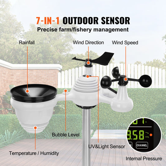 7-in-1 Wireless Weather Station, 7.5 in Large Color Display, Digital Home Weather Station Indoor Outdoor, for Temperature Humidity Wind Speed/Direction Rain UV, with Forecast Data, Alarm, Alerts