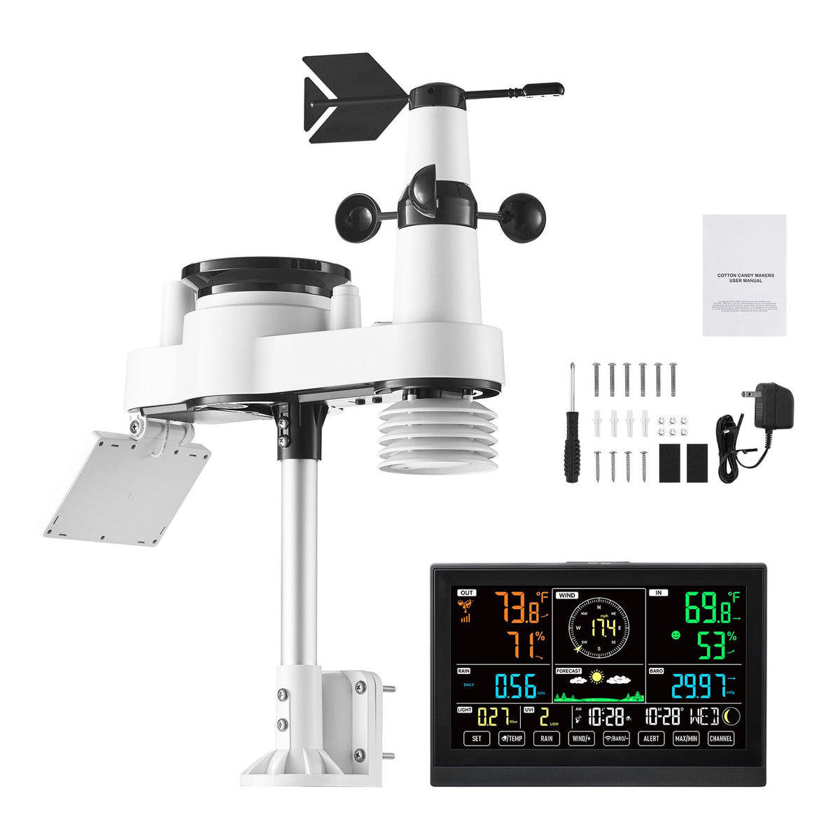 7-in-1 Wireless Weather Station, 190.5 mm VA Display, Solar Powered Outdoor Sensor, Rain Gauge, Indoor Outdoor for Weather Forecast, Temperature, Humidity, Wind Speed and Direction (No WiFi)