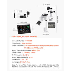 7-in-1 Wireless Weather Station, 190.5 mm VA Display, Solar Powered Outdoor Sensor, Rain Gauge, Indoor Outdoor for Weather Forecast, Temperature, Humidity, Wind Speed and Direction (No WiFi)