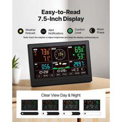 5-in-1 Wireless Weather Station, 190.5 mm VA Display, Solar Powered Outdoor Sensor, Rain Gauge, Indoor Outdoor for Weather Forecast, Temperature, Humidity, Wind Speed and Direction (No WiFi)