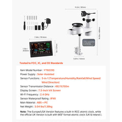 5-in-1 Wireless Weather Station, 190.5 mm VA Display, Solar Powered Outdoor Sensor, Rain Gauge, Indoor Outdoor for Weather Forecast, Temperature, Humidity, Wind Speed and Direction (No WiFi)