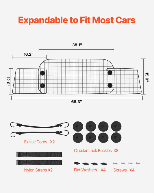 Dog Car Barrier, 96.5-168.5cm Adjustable Car Divider for Trunk Cargo Area, Universal-Fit Back Seat Heavy-Duty Wire Mesh Dogs Separator Guard Net, Vehicle Pet Barrier for Sedans, Trucks and SUVs