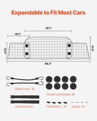 Dog Car Barrier, 96.5-168.5cm Adjustable Car Divider for Trunk Cargo Area, Universal-Fit Back Seat Heavy-Duty Wire Mesh Dogs Separator Guard Net, Vehicle Pet Barrier for Sedans, Trucks and SUVs