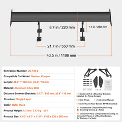 GT Wing Car Spoiler, 43.3 inch Universal Spoiler with Single Deck, Adjustable Lightweight Aluminum, Car Rear Spoiler Wing, Racing Spoiler BGW/JDM Drift Black