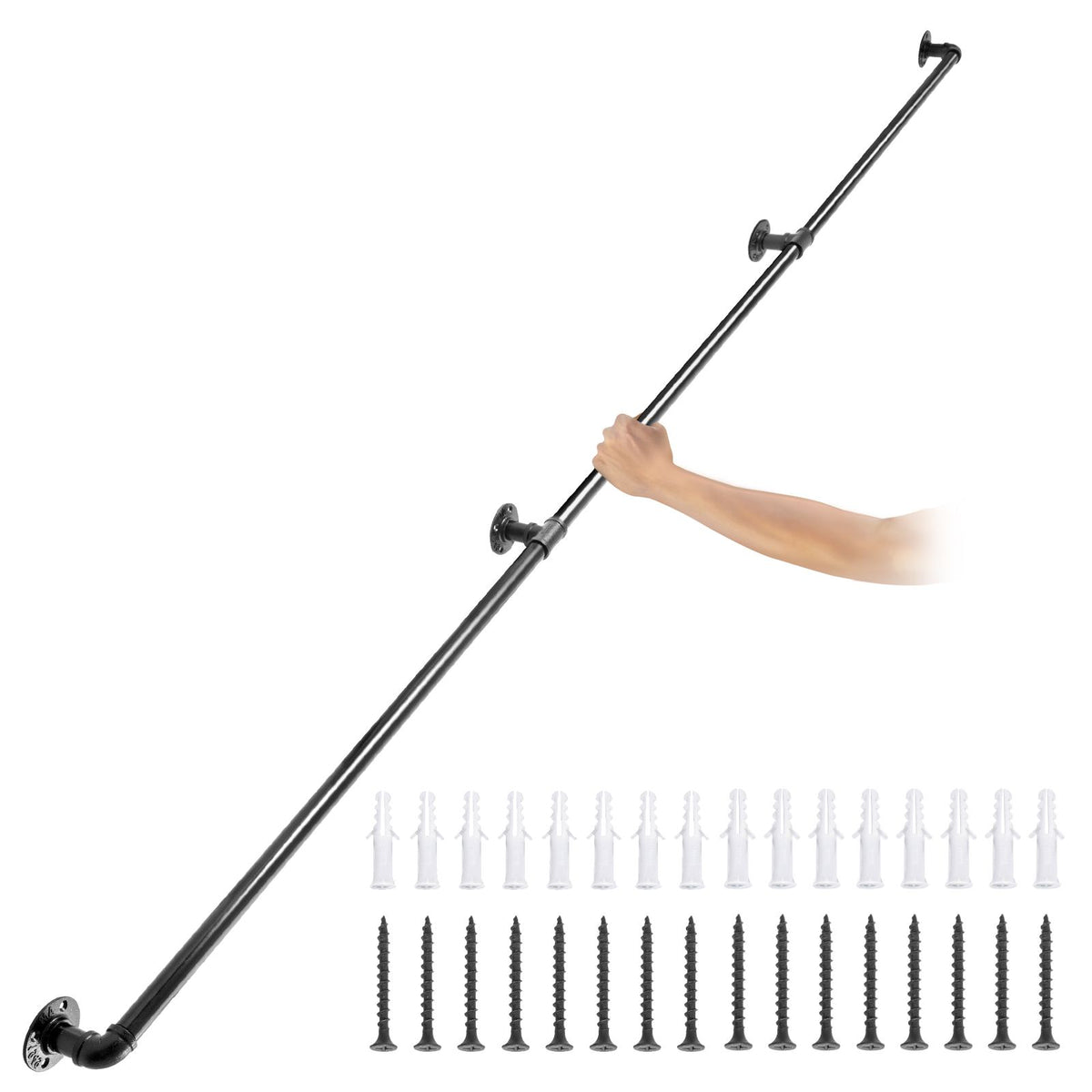 Pipe Stair Handrail, 3m Staircase Handrail, 200KG Load Capacity Carbon Steel Pipe Handrail, Industrial Pipe Handrail with Wall Mount Support, Round Corner Wall Handrailing for Indoor, Outdoor