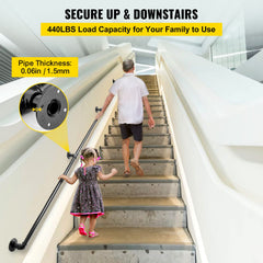 Pipe Stair Handrail, 3m Staircase Handrail, 200KG Load Capacity Carbon Steel Pipe Handrail, Industrial Pipe Handrail with Wall Mount Support, Round Corner Wall Handrailing for Indoor, Outdoor