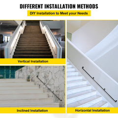 Pipe Stair Handrail, 3m Staircase Handrail, 200KG Load Capacity Carbon Steel Pipe Handrail, Industrial Pipe Handrail with Wall Mount Support, Round Corner Wall Handrailing for Indoor, Outdoor