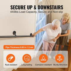 Pipe Stair Handrail, 3m Staircase Handrail, 200KG Load Capacity Carbon Steel Pipe Handrail, Industrial Pipe Handrail with Wall Mount Support, Round Corner Wall Handrailing for Indoor, Outdoor