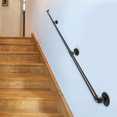 Pipe Stair Handrail, 3m Staircase Handrail, 200KG Load Capacity Carbon Steel Pipe Handrail, Industrial Pipe Handrail with Wall Mount Support, Round Corner Wall Handrailing for Indoor, Outdoor