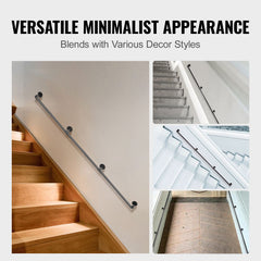Pipe Stair Handrail, 11FT Staircase Handrail, 440LBS Load Capacity Carbon Steel Pipe Handrail, Industrial Pipe Handrail with Wall Mount Support, Round Corner Wall Handrailing for Indoor, Outdoor