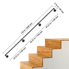 Pipe Stair Handrail, 11FT Staircase Handrail, 440LBS Load Capacity Carbon Steel Pipe Handrail, Industrial Pipe Handrail with Wall Mount Support, Round Corner Wall Handrailing for Indoor, Outdoor