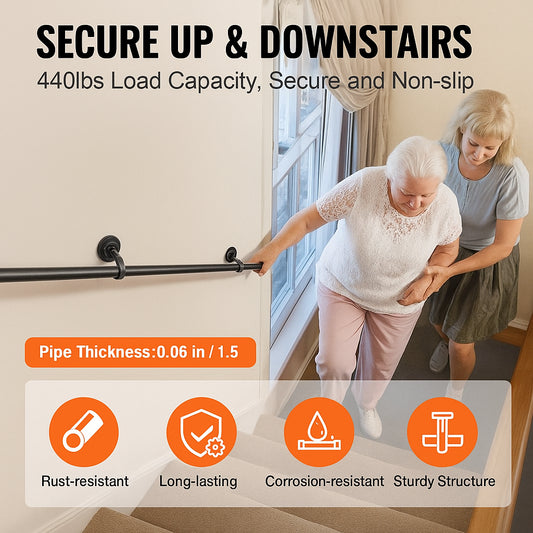 Pipe Stair Handrail, 11FT Staircase Handrail, 440LBS Load Capacity Carbon Steel Pipe Handrail, Industrial Pipe Handrail with Wall Mount Support, Round Corner Wall Handrailing for Indoor, Outdoor